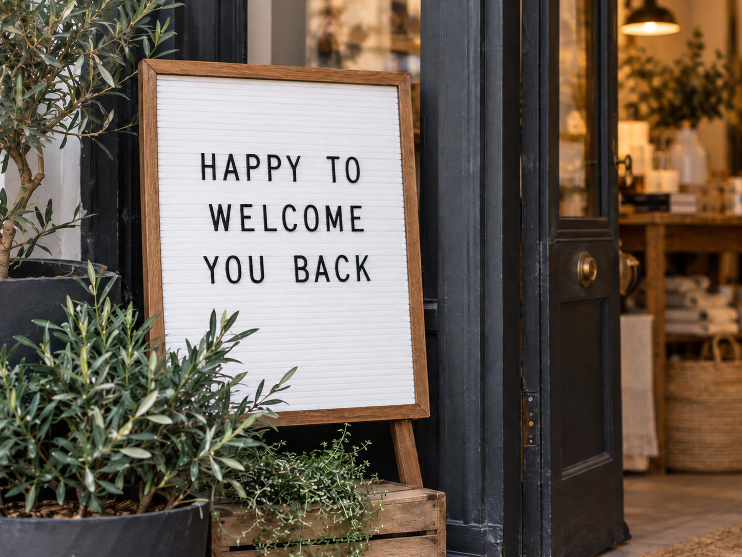 A welcoming storefront with a sign reading Happy to welcome you back.